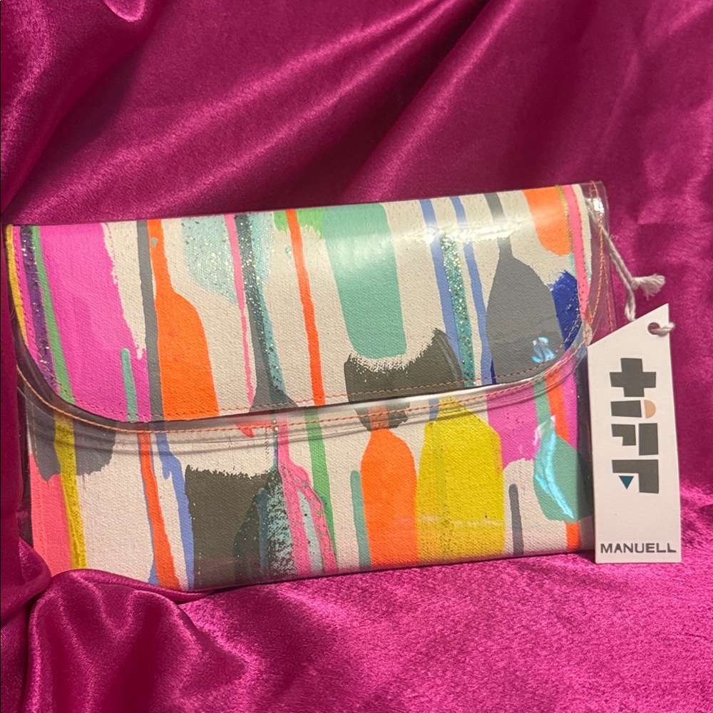NWT Tiff manuell Colourful Abstract Clutch. called escape the rain